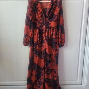 Boohoo Tall Rust and Black Floral Long Sleeve Dress